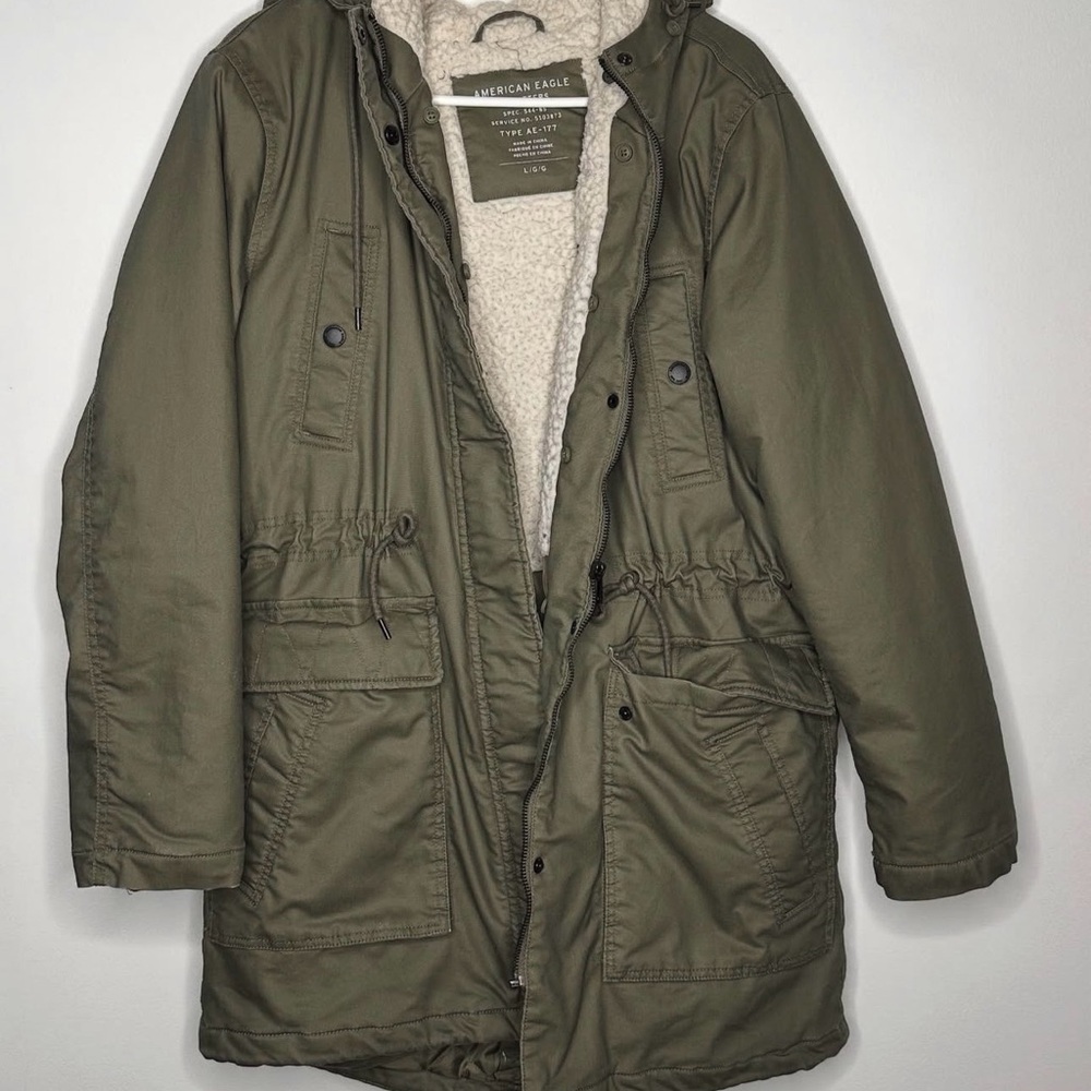 American Eagle Outfitters Olive Green Utility Jacket with Sherpa Lining